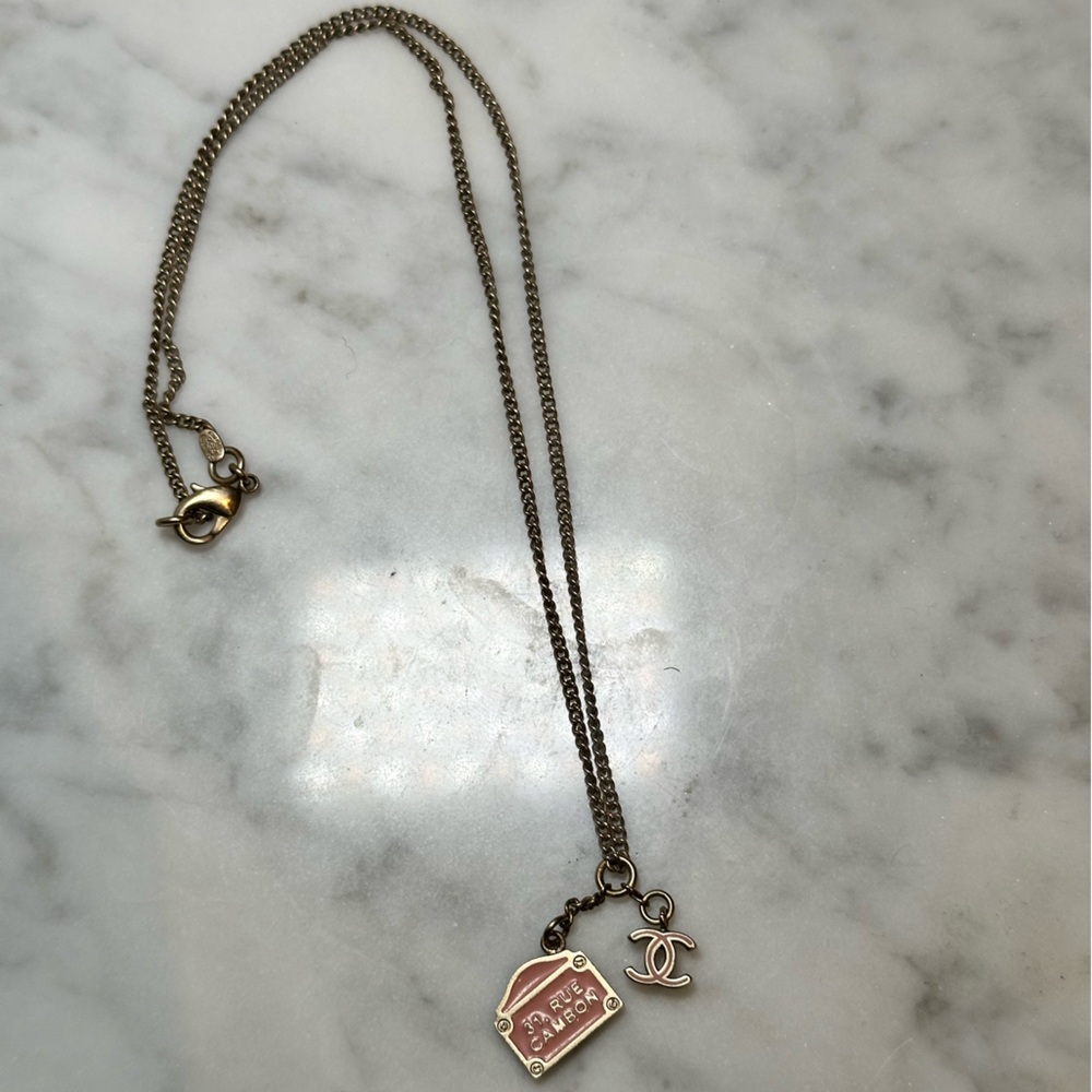2005 CHANEL Necklace with Gold Tone Chain & Pink Enamel Charms
